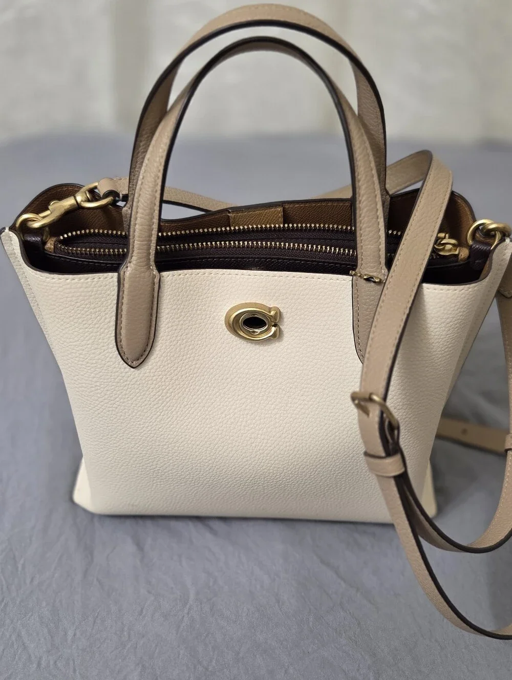 Coach Cream and Tan Leather Crossbody Tote with Gold Hardware And  Worn Twice
